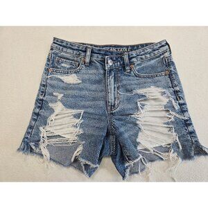 American Eagle Highest Rise Baggy Denim Shorts Women Size 4 Distressed Blue